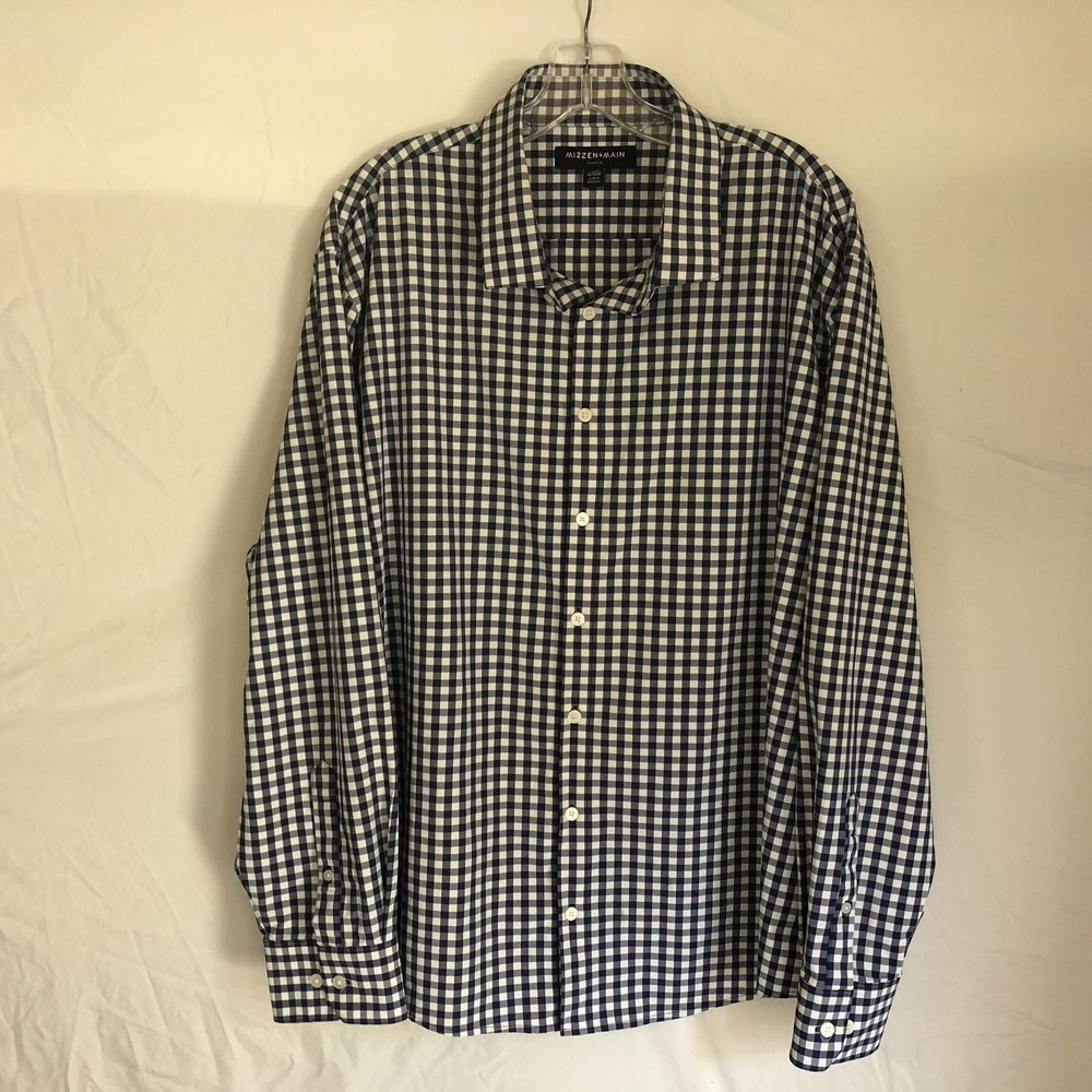 Mizzen+Main Dress Shirt Mens 2XL Blue Gingham Leeward Classic No Tuck Stretch